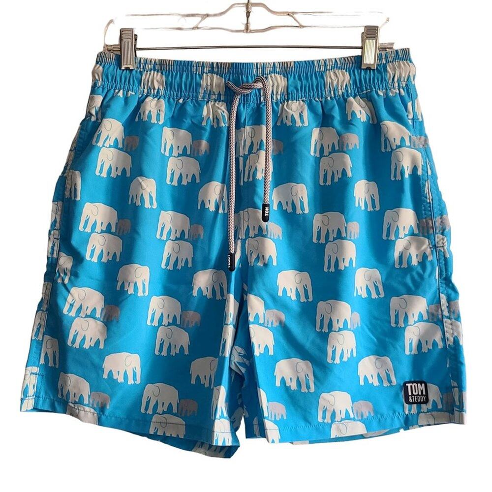 TOM & TEDDY Blue and White Elephants UPF 50+ Quick Dry Swim Shorts Size Small‎